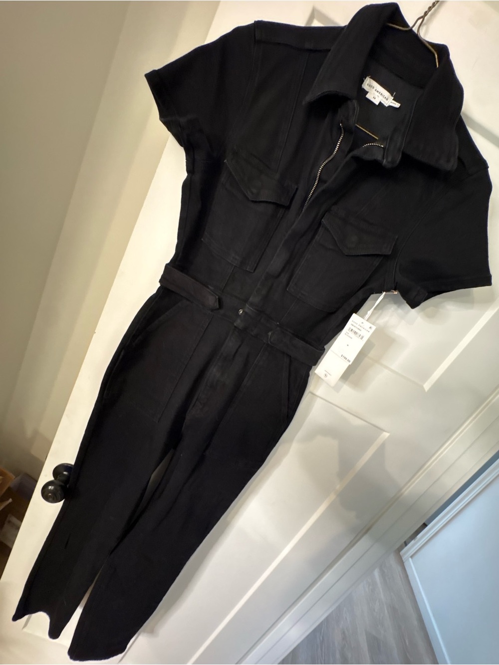 NWT Good American Black Short-Sleeve Zip Utility Jumpsuit